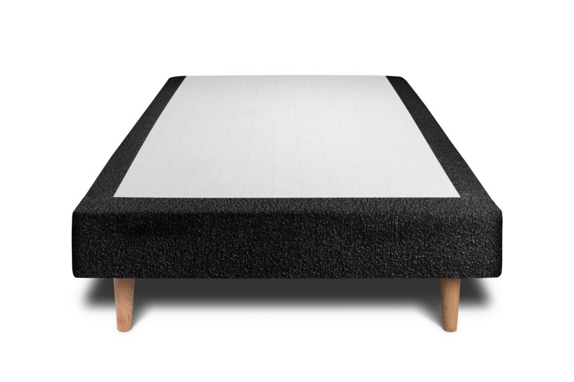 Lit 90x200 cm - Sommier tapissier H29 cm + tête de lit capitonnée - Tissu Bouclette Noir