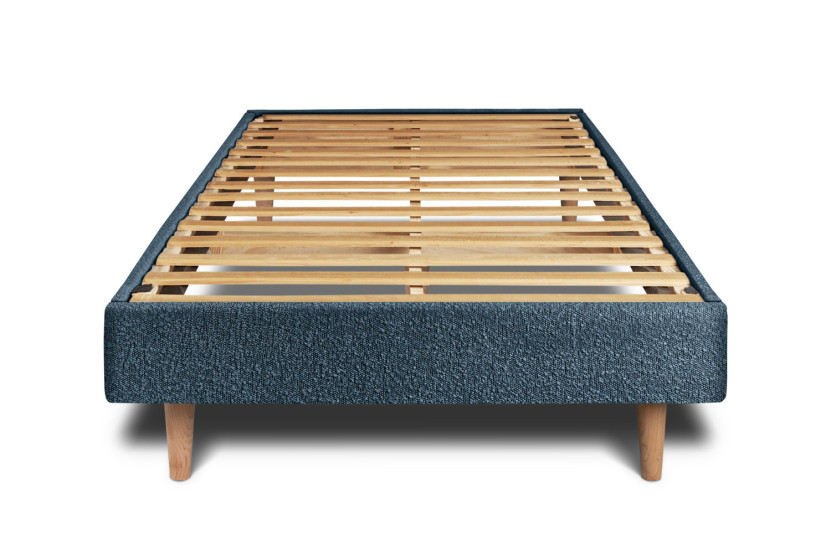 Lit 90x190 cm - Sommier à lattes H29 cm + tête de lit tapissée - Tissu Bouclette Bleu