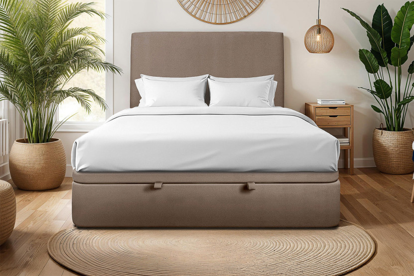 Lit coffre 180x200 cm avec Tête de lit tapissée - Tissu Velours Taupe
