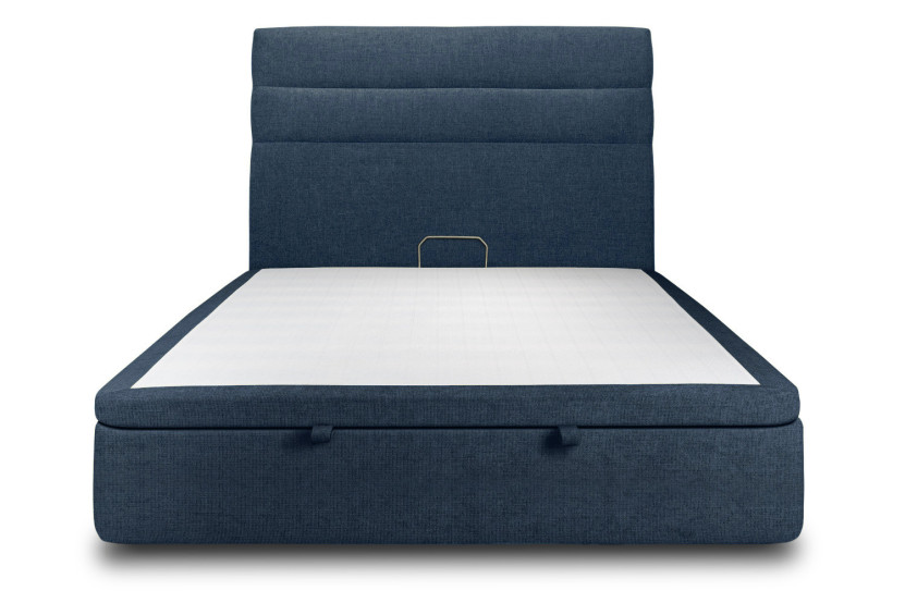 Lit coffre 180x200 cm avec Tête de lit à lignes - Tissu Toile natté Bleu Océan