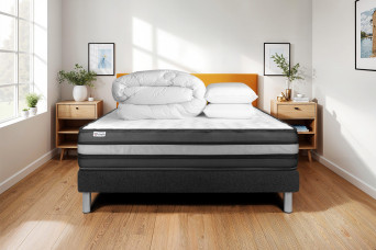 Pack lit complet 200x200 cm - Matelas + Sommier Noir (en kit) + 2 oreillers + Couette - Vital Power Zen