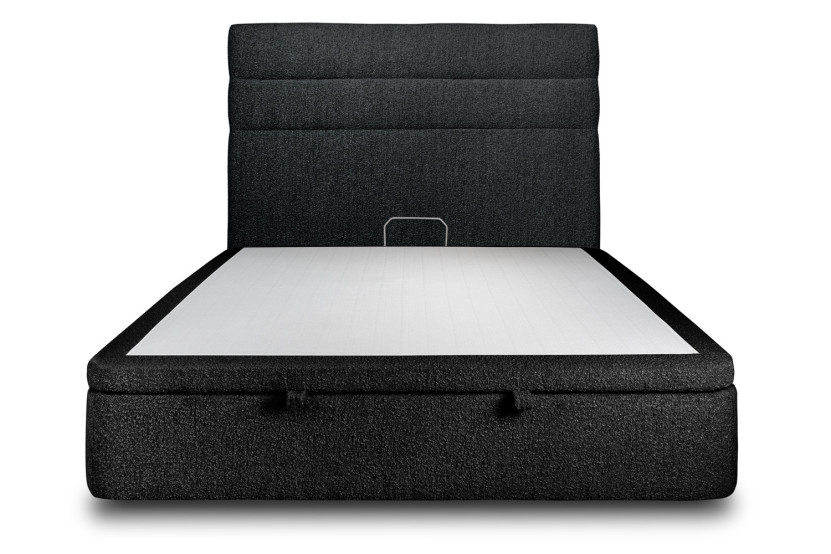 Lit coffre 180x200 cm avec Tête de lit à lignes - Tissu Bouclette Noir