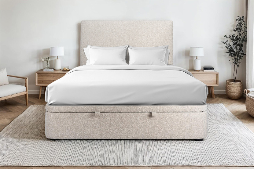 Lit coffre 180x200 cm avec Tête de lit tapissée - Tissu Bouclette Beige Clair