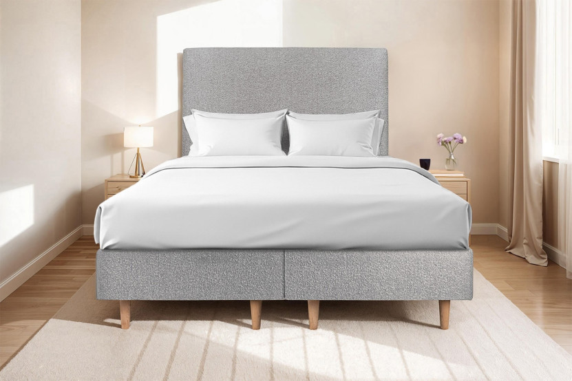 Lit 2x 90x200 cm - Sommier tapissier H35 cm + tête de lit tapissée - Tissu Bouclette Gris