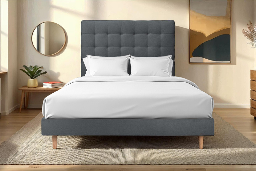 Lit 180x200 cm - Sommier à lattes H29 cm + tête de lit capitonnée - Tissu Velours Gris Anthracite