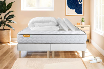 Pack lit complet 180x200 cm - Matelas + 2 Sommiers Blancs + 2 oreillers + Couette - Memo
