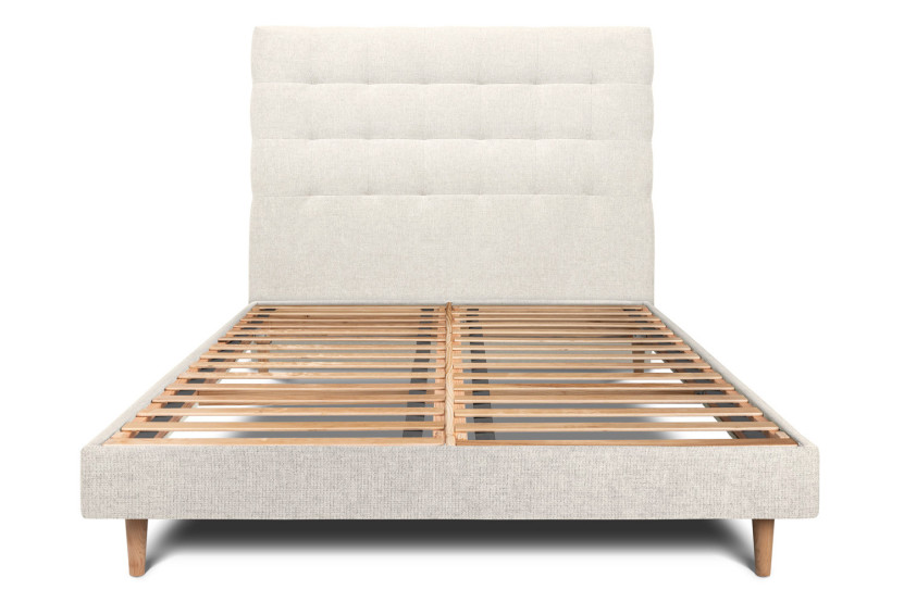 Lit 180x200 cm - Sommier à lattes H29 cm + tête de lit capitonnée - Tissu Toile natté Beige Clair