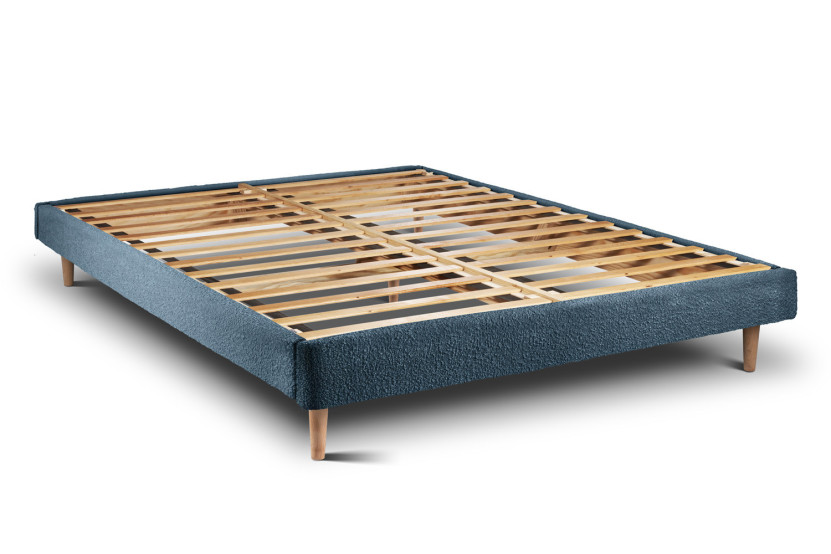 Lit 140x190 cm - Sommier à lattes H29 cm + tête de lit à lignes - Tissu Bouclette Bleu