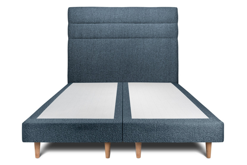 Lit 2x 80x200 cm - Sommier tapissier H29 cm + tête de lit à lignes - Tissu Bouclette Bleu
