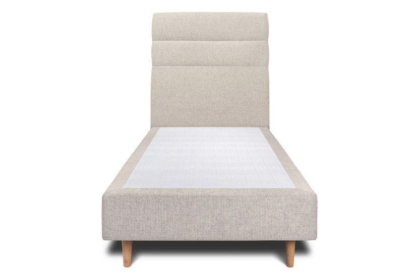 Lit 90x190 cm - Sommier tapissier H35 cm + tête de lit à lignes - Tissu Toile natté Beige Clair