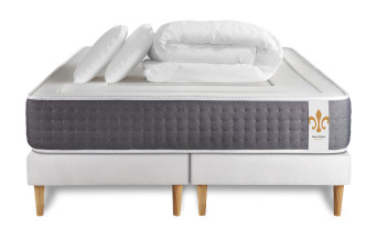Pack lit complet 200x200 cm - Matelas + 2 Sommiers Blancs + 2 oreillers + Couette - Vingt-Six