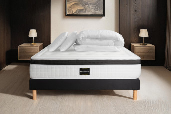 Pack lit complet 180x200 cm - Matelas + Sommier Noir (en kit) + 2 oreillers + Couette - Privilège