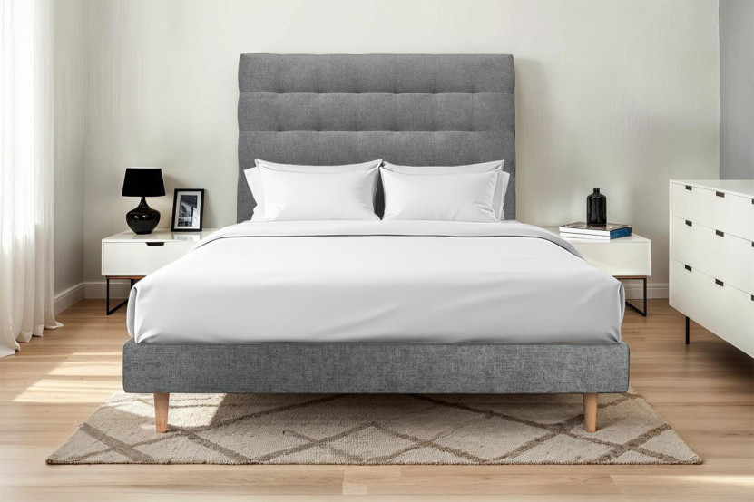 Lit 180x200 cm - Sommier à lattes H29 cm + tête de lit capitonnée - Tissu Toile natté Gris Anthracite