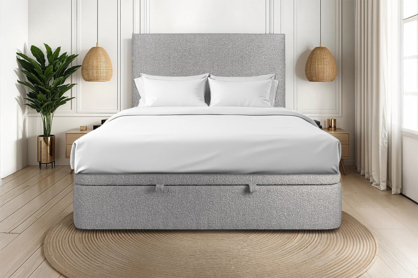 Lit coffre 160x200 cm avec Tête de lit tapissée - Tissu Bouclette Gris