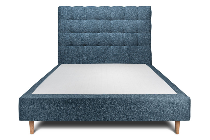 Lit 135x190 cm - Sommier tapissier H35 cm + tête de lit capitonnée - Tissu Bouclette Bleu