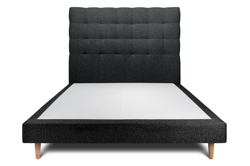 Lit 135x190 cm - Sommier tapissier H29 cm + tête de lit capitonnée - Tissu Bouclette Noir