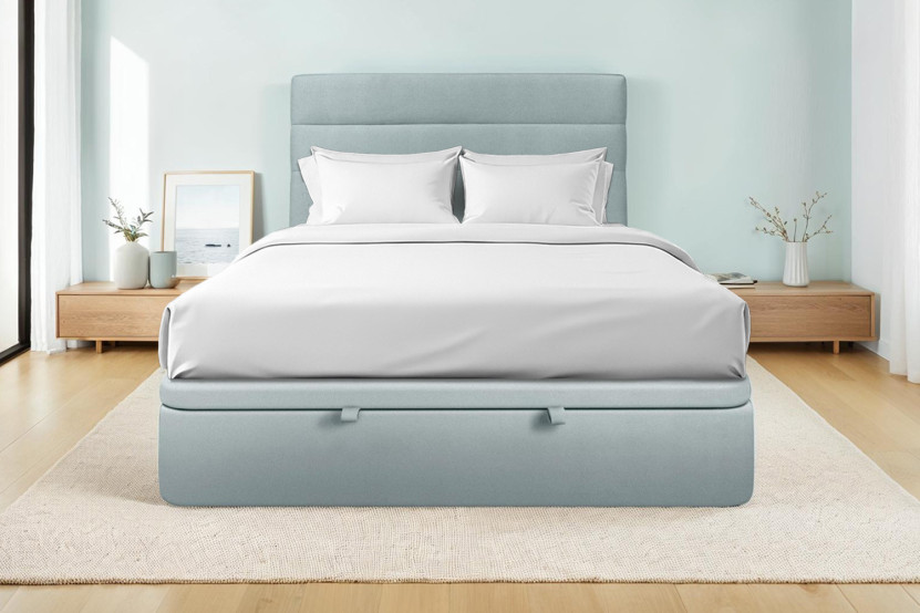 Lit coffre 180x200 cm avec Tête de lit à lignes - Tissu Velours Gris Bleuté