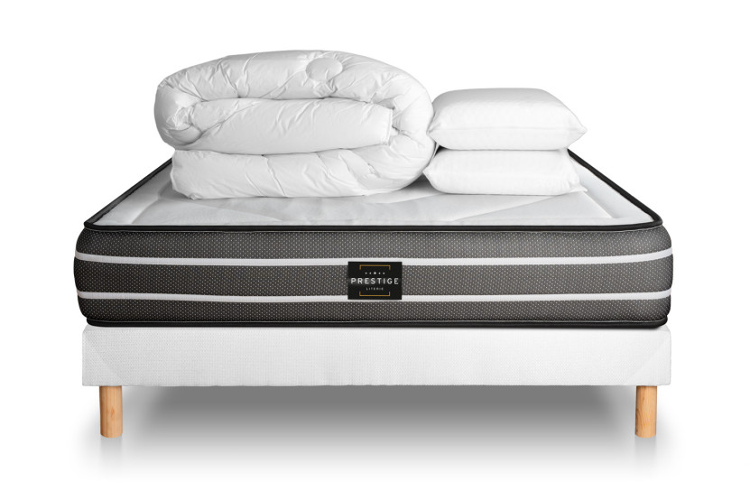 Pack lit complet 200x200 cm - Matelas + Sommier Blanc (en kit) + 2 oreillers + Couette - Exclusive