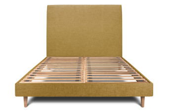 Lit 180x200 cm - Sommier à lattes H29 cm + tête de lit tapissée - Tissu Toile natté Jaune