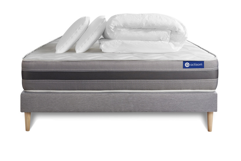 Pack lit complet 140x190 cm - Matelas + Sommier Gris (en kit) + 2 oreillers + Couette - Actilatex Relax