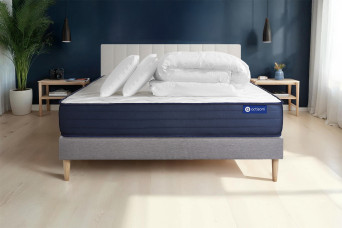 Pack lit complet 200x200 cm - Matelas + Sommier Gris (en kit) + 2 oreillers + Couette - Actimemo Life