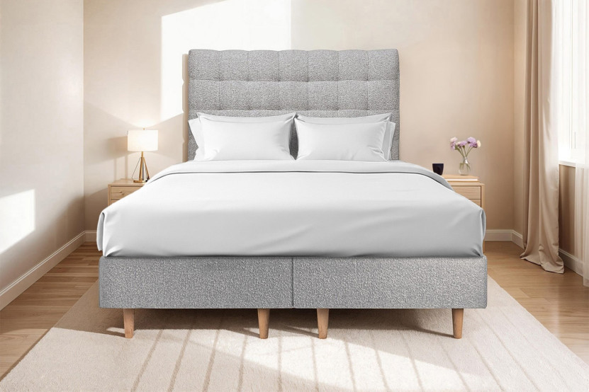 Lit 2x 90x200 cm - Sommier tapissier H35 cm + tête de lit capitonnée - Tissu Bouclette Gris