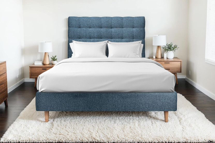 Lit 140x200 cm - Sommier tapissier H35 cm + tête de lit capitonnée - Tissu Bouclette Bleu