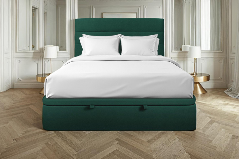 Lit coffre 180x200 cm avec Tête de lit à lignes - Tissu Velours Vert