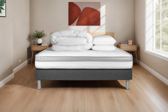 Pack lit complet 200x200 cm - Matelas + Sommier Gris (en kit) + 2 oreillers + Couette - Vital Relax
