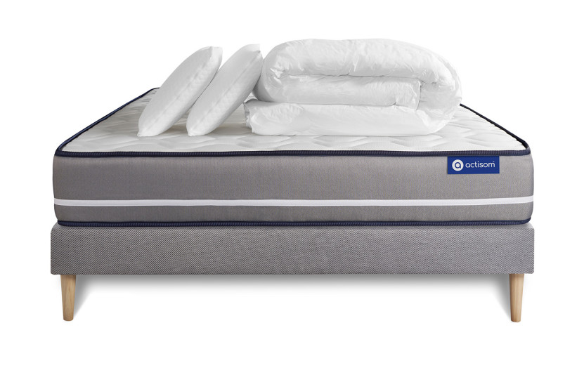 Pack lit complet 200x200 cm - Matelas + Sommier Gris (en kit) + 2 oreillers + Couette - Actilatex Pur