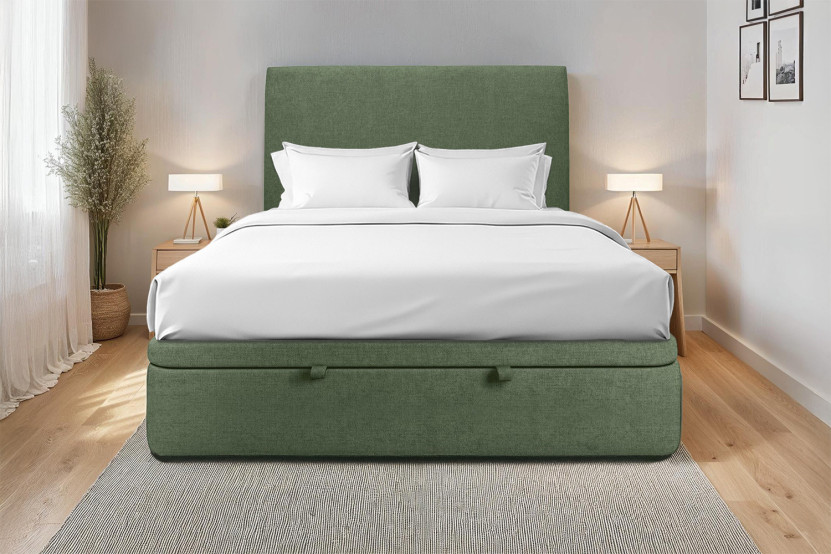 Lit coffre 180x200 cm avec Tête de lit tapissée - Tissu Toile natté Vert Kaki