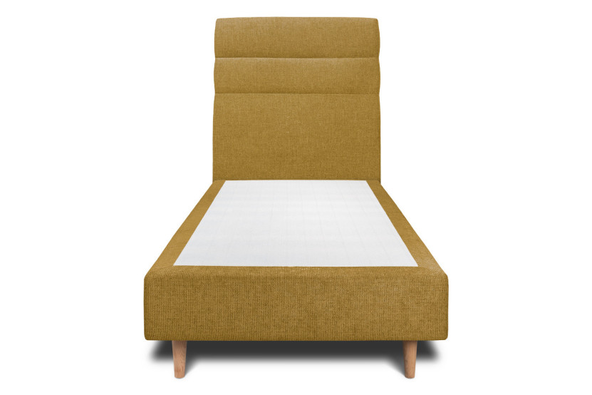 Lit 90x190 cm - Sommier tapissier H35 cm + tête de lit à lignes - Tissu Toile natté Jaune