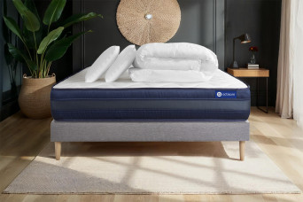 Pack lit complet 180x200 cm - Matelas + Sommier Gris (en kit) + 2 oreillers + Couette - Actimemo Tech