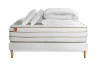 Pack lit complet 160x200 cm - Matelas + Sommier Blanc + 2 oreillers + Couette - Le Douillet