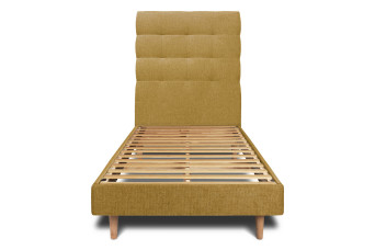 Lit 90x200 cm - Sommier à lattes H29 cm + tête de lit capitonnée - Tissu Toile natté Jaune