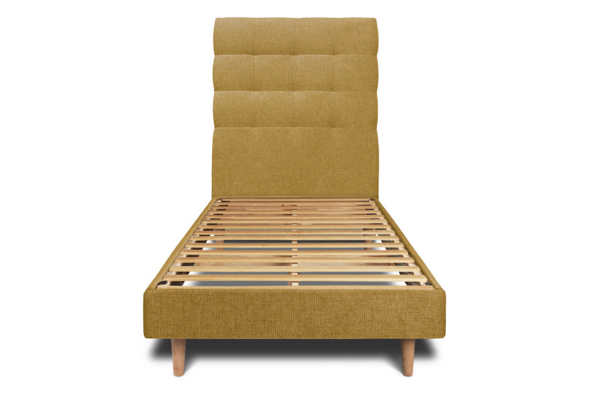 Lit 90x200 cm - Sommier à lattes H29 cm + tête de lit capitonnée - Tissu Toile natté Jaune