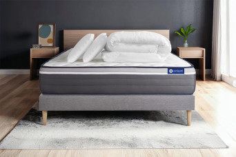 Pack lit complet 180x200 cm - Matelas + Sommier Gris (en kit) + 2 oreillers + Couette - ActiMemo Plus