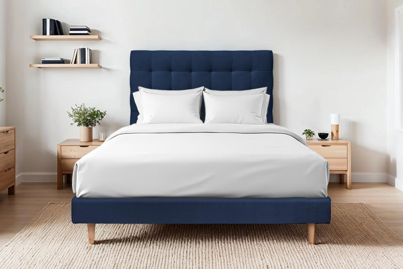 Lit 180x200 cm - Sommier à lattes H29 cm + tête de lit capitonnée - Tissu Velours Bleu Océan