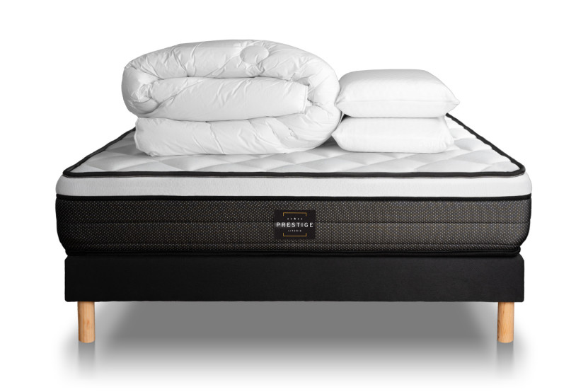 Pack lit complet 160x200 cm - Matelas + Sommier Noir + 2 oreillers + Couette - Suite