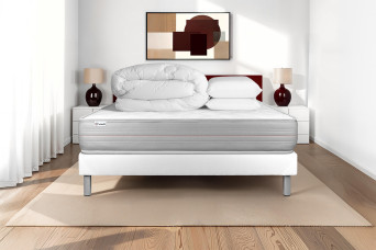 Pack lit complet 200x200 cm - Matelas + Sommier Blanc (en kit) + 2 oreillers + Couette - Vitalmemo
