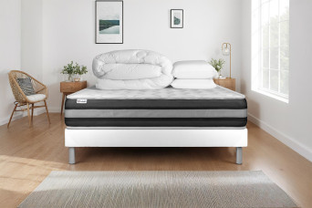 Pack lit complet 180x200 cm - Matelas + Sommier Blanc (en kit) + 2 oreillers + Couette - Vitalspring Zen