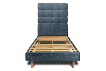 Lit 90x200 cm - Sommier à lattes H29 cm + tête de lit capitonnée - Tissu Bouclette Bleu
