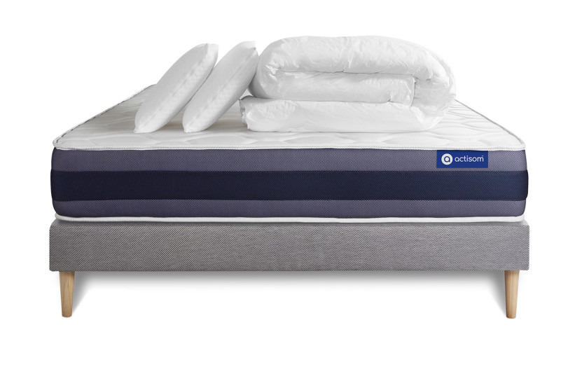 Pack lit complet 160x200 cm - Matelas + Sommier Gris (en kit) + 2 oreillers + Couette - Actiflex Morpho
