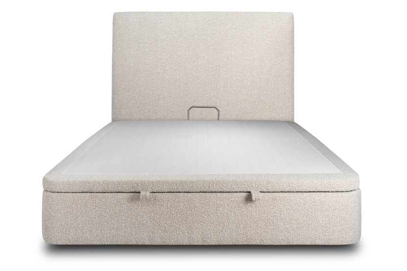 Lit coffre 180x200 cm avec Tête de lit tapissée - Tissu Bouclette Beige Clair