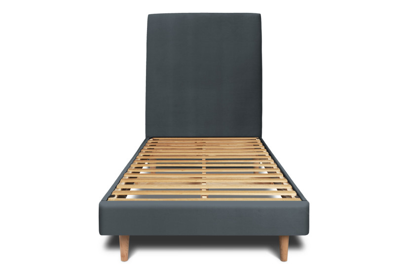 Lit 90x190 cm - Sommier à lattes H29 cm + tête de lit tapissée - Tissu Velours Gris Anthracite