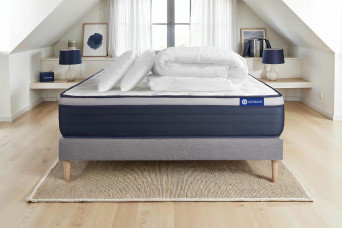 Pack lit complet 180x200 cm - Matelas + Sommier Gris (en kit) + 2 oreillers + Couette - Actiflex Max