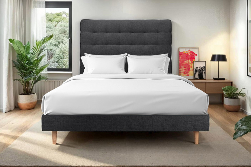 Lit 180x200 cm - Sommier à lattes H29 cm + tête de lit capitonnée - Tissu Toile natté Noir