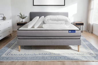 Pack lit complet 180x200 cm - Matelas + Sommier Gris (en kit) + 2 oreillers + Couette - Actiflex Night