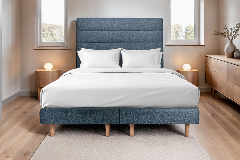 Lit 2x 80x200 cm - Sommier tapissier H29 cm + tête de lit à lignes - Tissu Bouclette Bleu