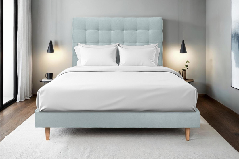 Lit 180x200 cm - Sommier à lattes H29 cm + tête de lit capitonnée - Tissu Velours Gris Bleuté